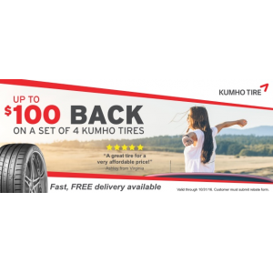 Get up to $100 Casback on A Set Of 4 Kumho tires At Tirebuyer.com