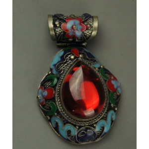 Chinese Handwork Old Tibet Silver Inlay red Jade Cloisonne Flower Pendant For $15 (Ebay.com)